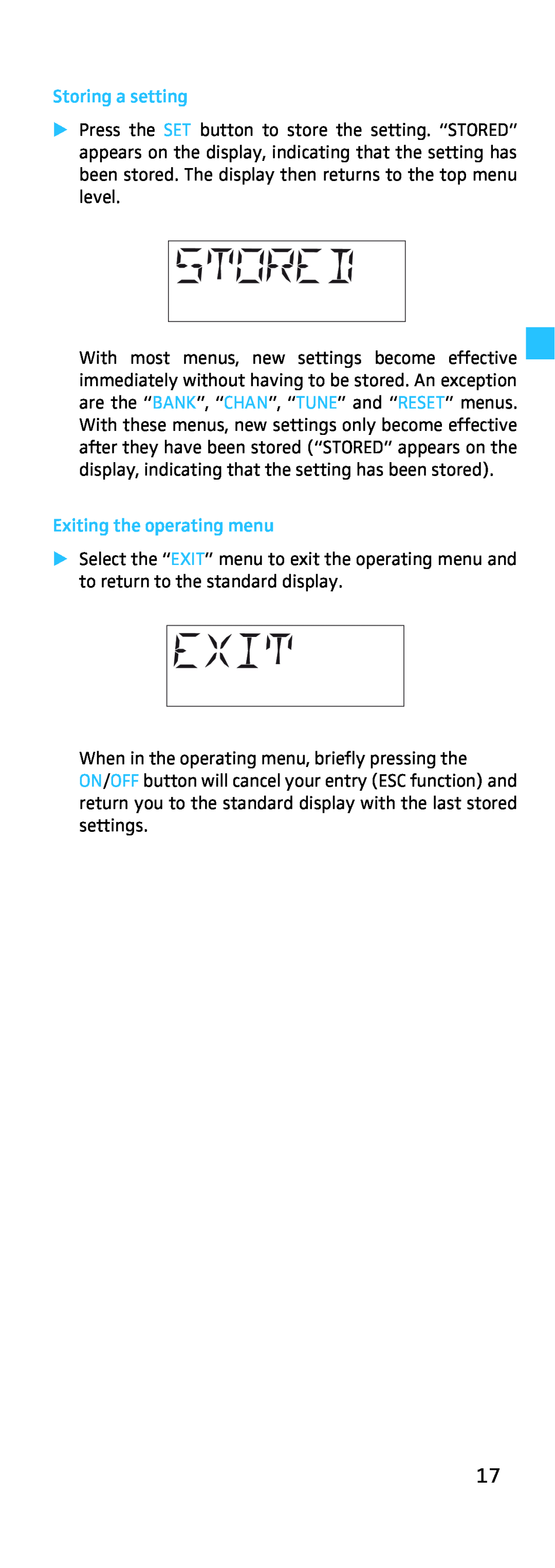 Sennheiser EK 500, SK 500 Storing a setting, Exiting the operating menu, When in the operating menu, briefly pressing the 