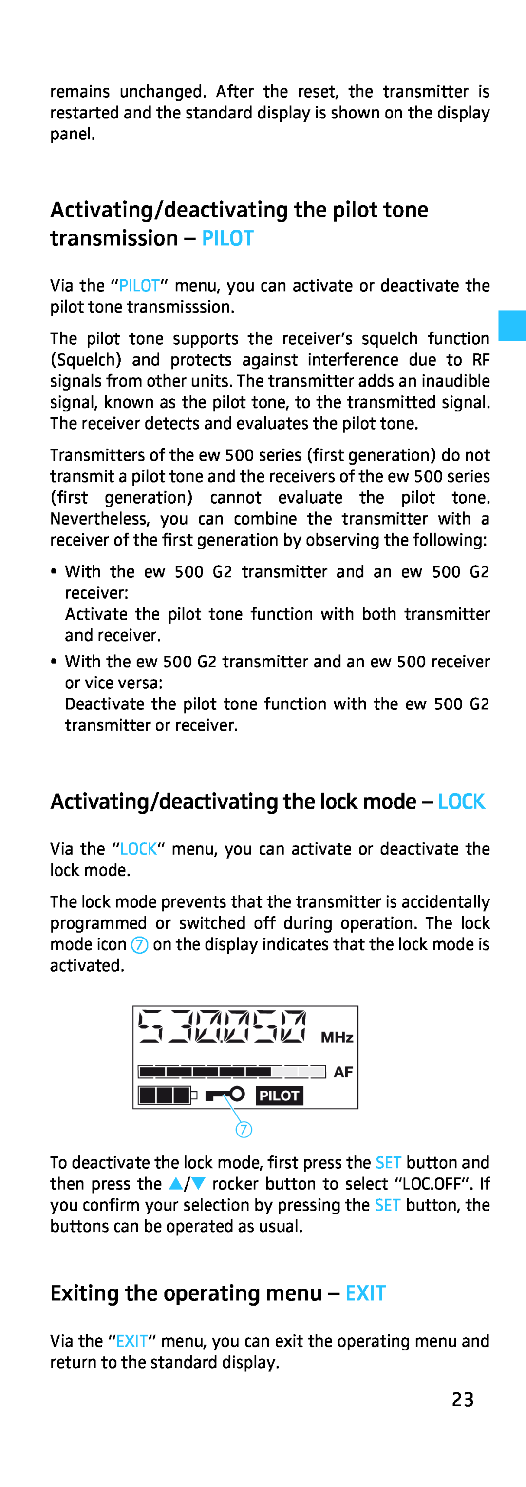 Sennheiser EK 500, SK 500 manual Activating/deactivating the lock mode - LOCK, Exiting the operating menu - EXIT 
