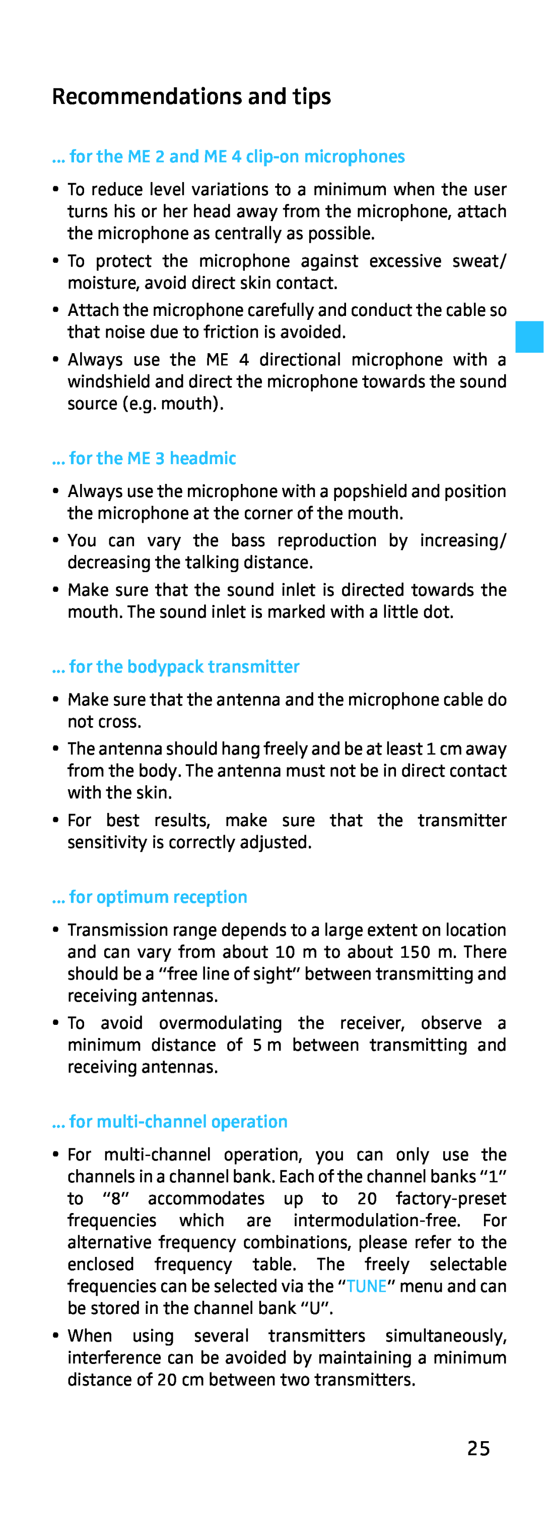 Sennheiser EK 500, SK 500 manual Recommendations and tips, for the ME 2 and ME 4 clip-onmicrophones, for the ME 3 headmic 