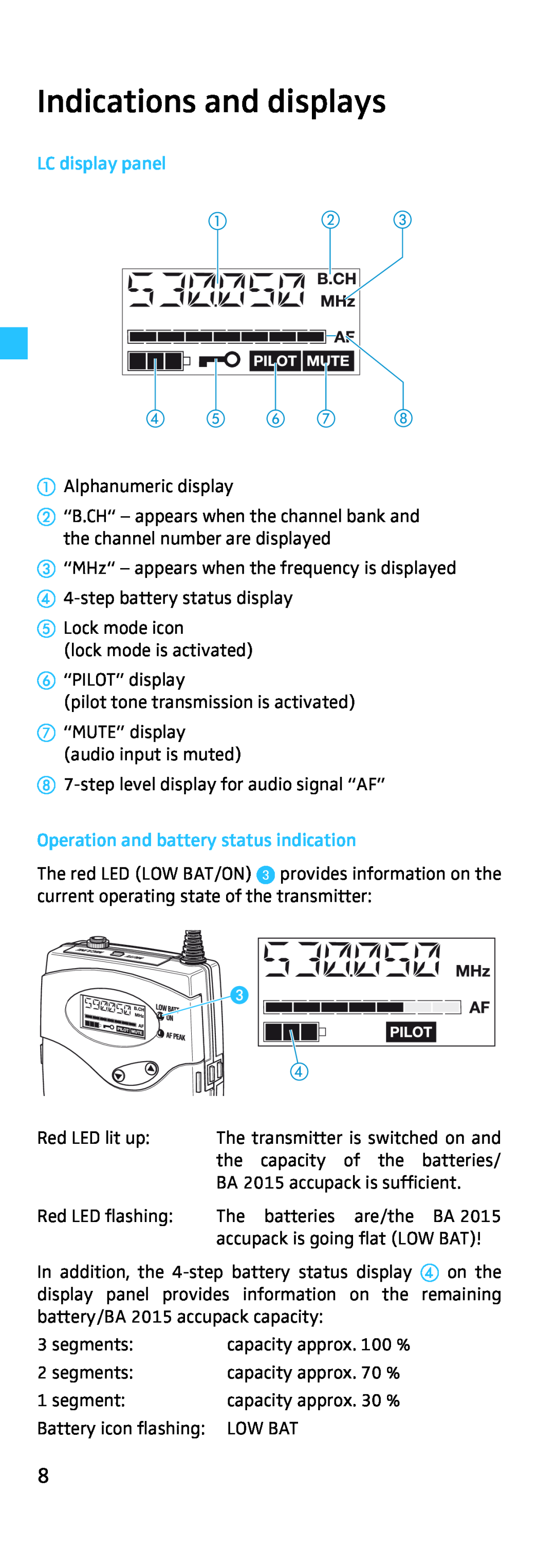 Sennheiser SK 500, EK 500 manual Indications and displays, LC display panel, Operation and battery status indication 