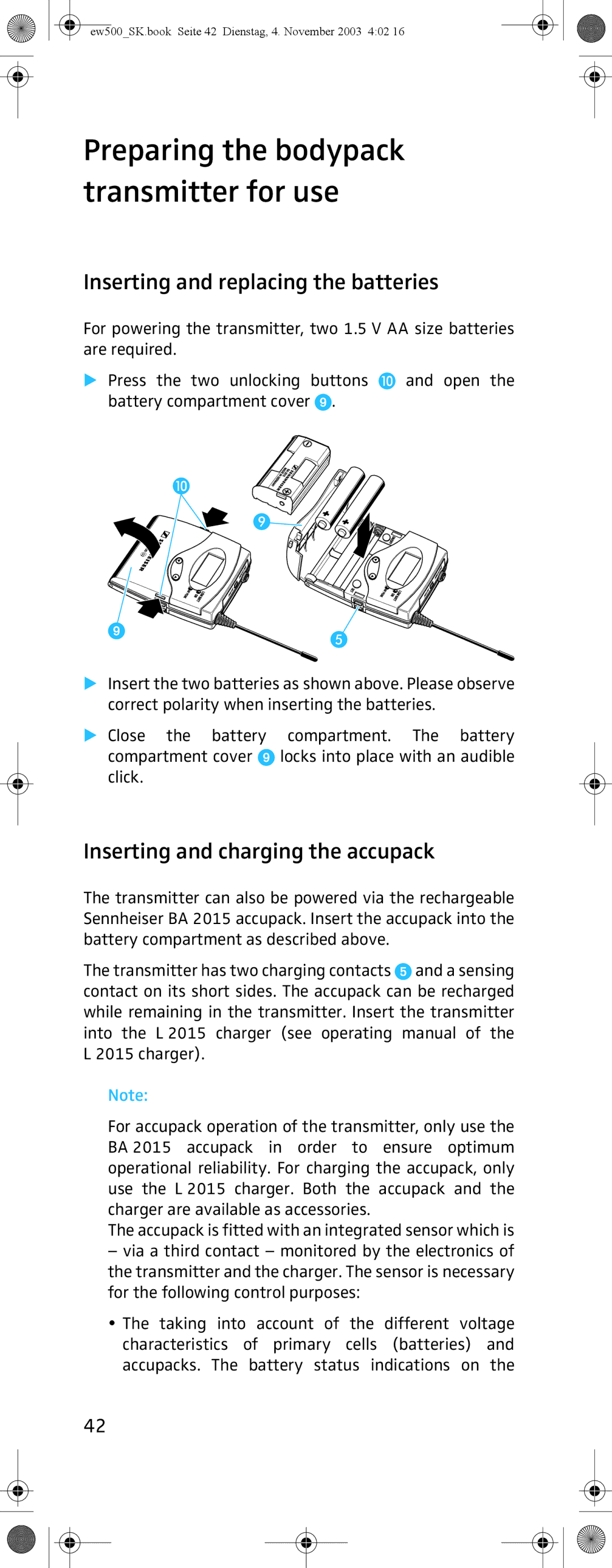 Sennheiser SK 500 G2 manual Inserting and replacing the batteries, Inserting and charging the accupack 