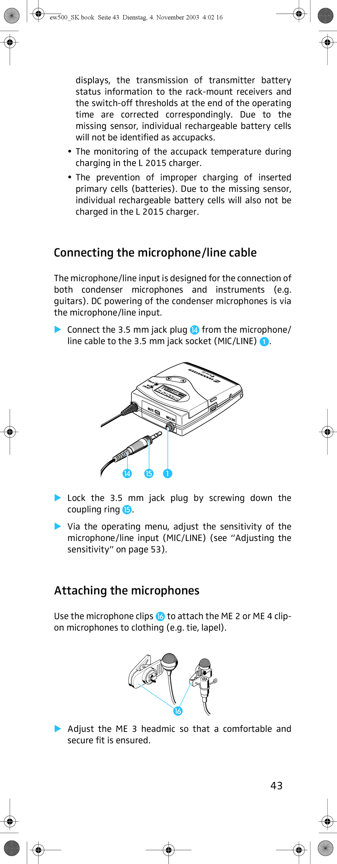 Sennheiser SK 500 G2 manual Connecting the microphone/line cable, Attaching the microphones 