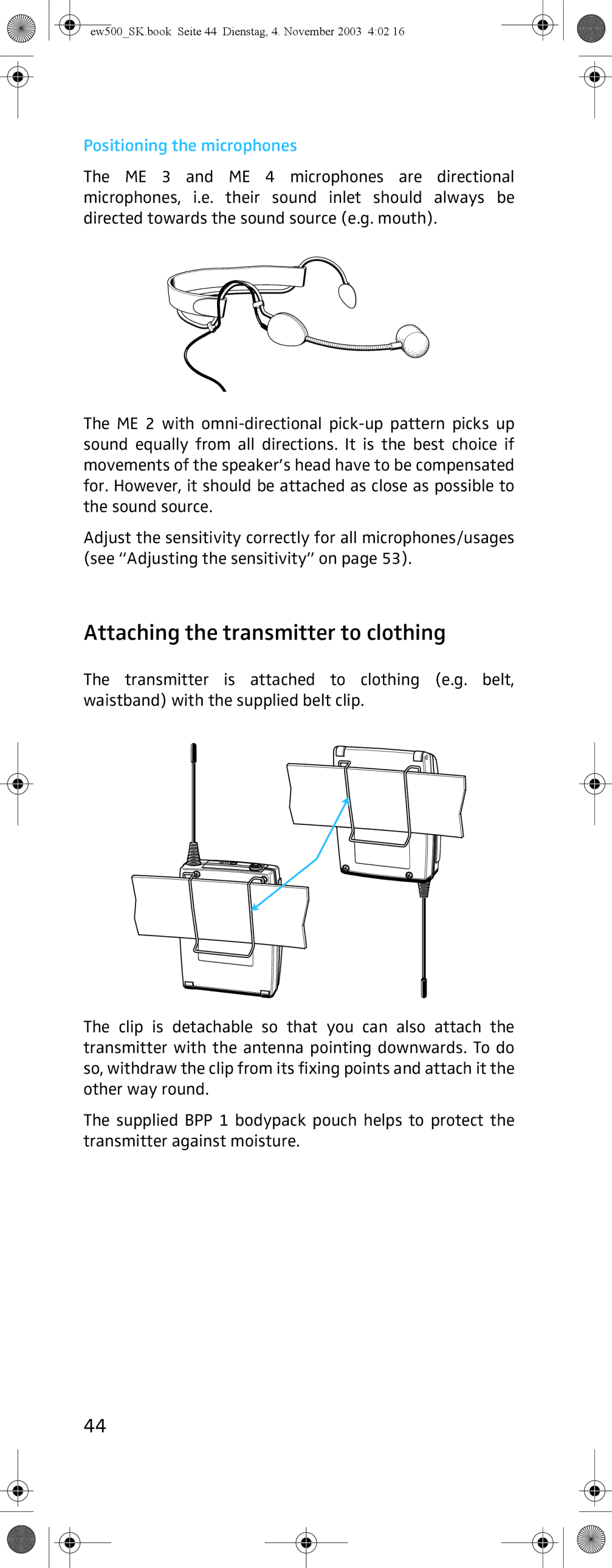 Sennheiser SK 500 G2 manual Attaching the transmitter to clothing, Positioning the microphones 