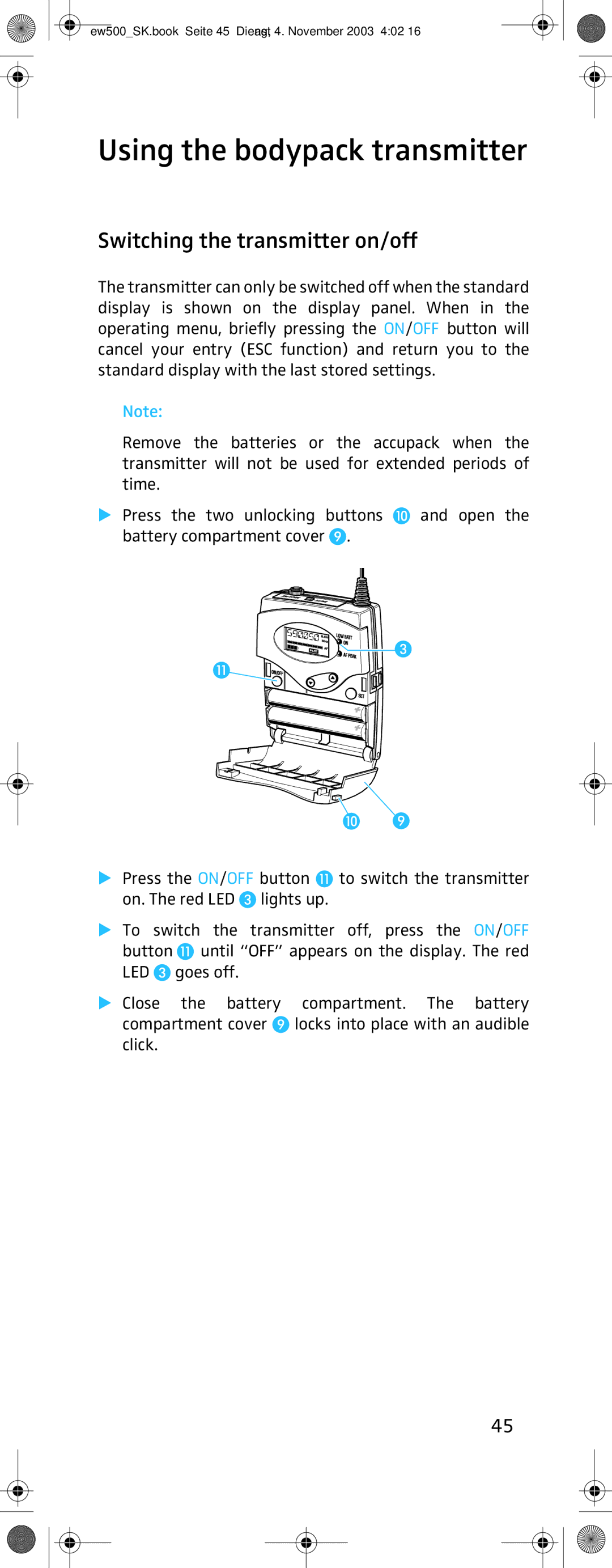 Sennheiser SK 500 G2 manual Using the bodypack transmitter, Switching the transmitter on/off 