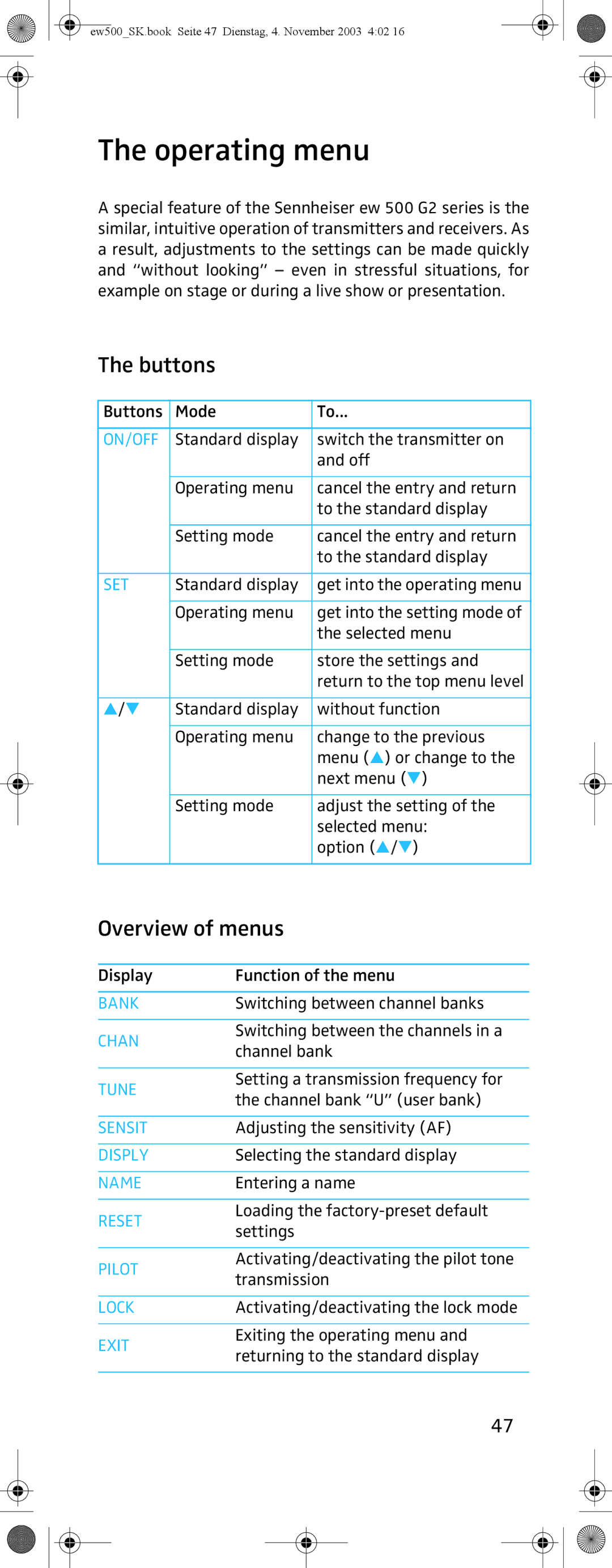 Sennheiser SK 500 G2 manual Operating menu, Buttons, Overview of menus 