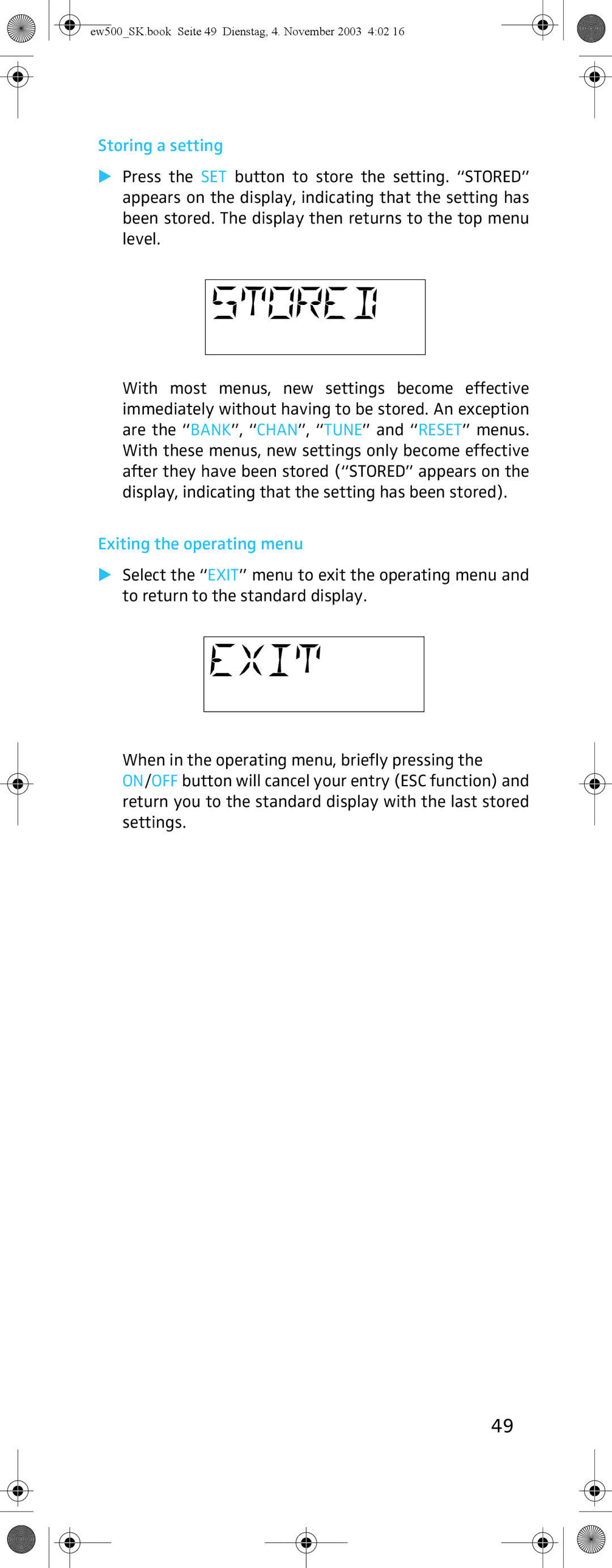 Sennheiser SK 500 G2 manual Storing a setting, Exiting the operating menu 