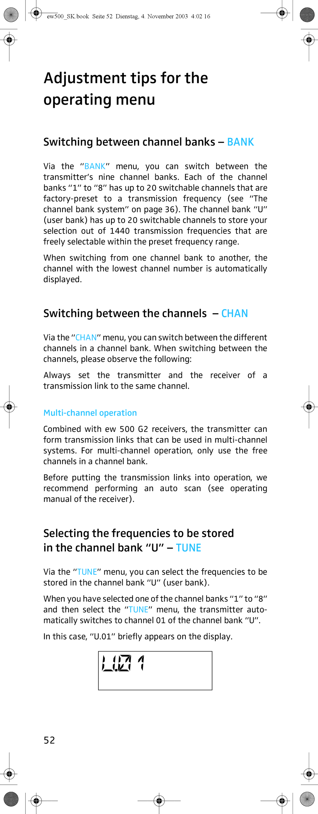 Sennheiser SK 500 G2 Adjustment tips for the operating menu, Switching between channel banks Bank, Multi-channel operation 