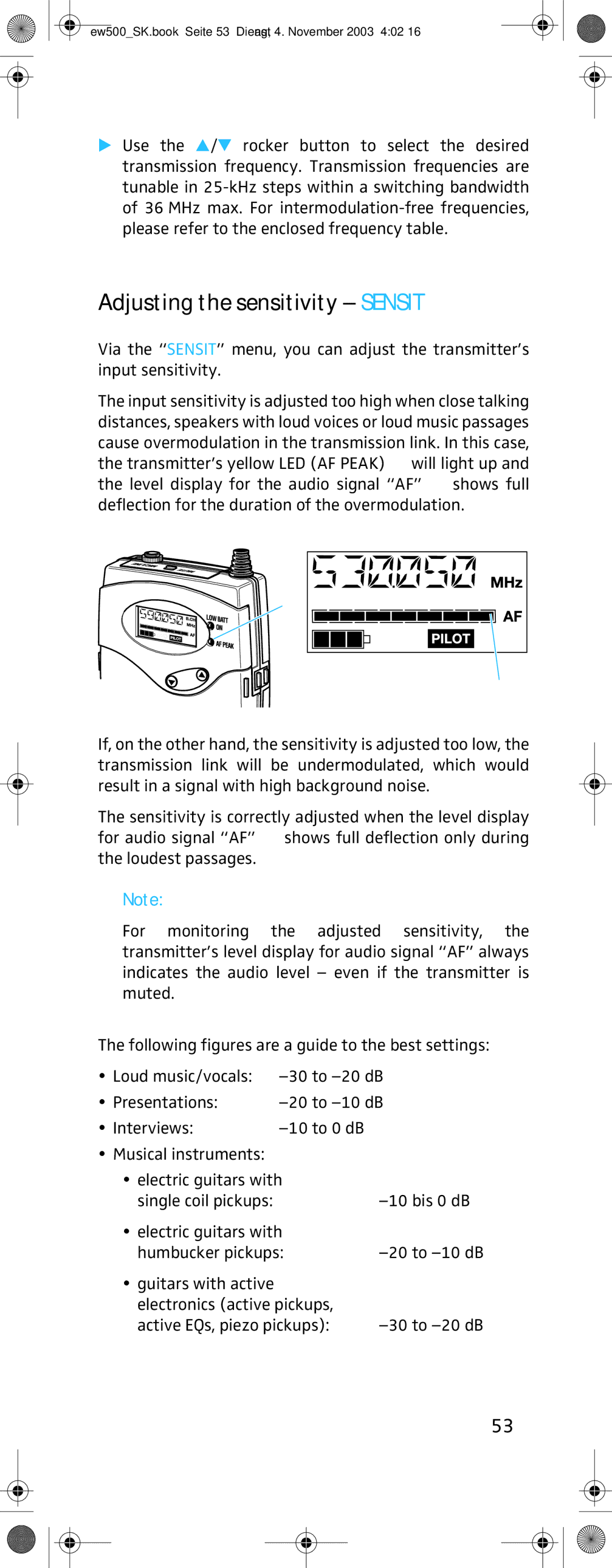 Sennheiser SK 500 G2 manual Adjusting the sensitivity Sensit 