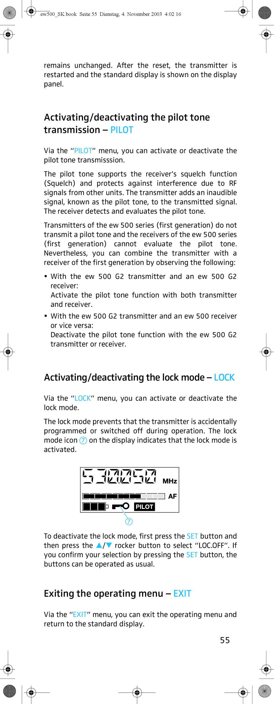 Sennheiser SK 500 G2 Activating/deactivating the pilot tone transmission Pilot, Activating/deactivating the lock mode Lock 