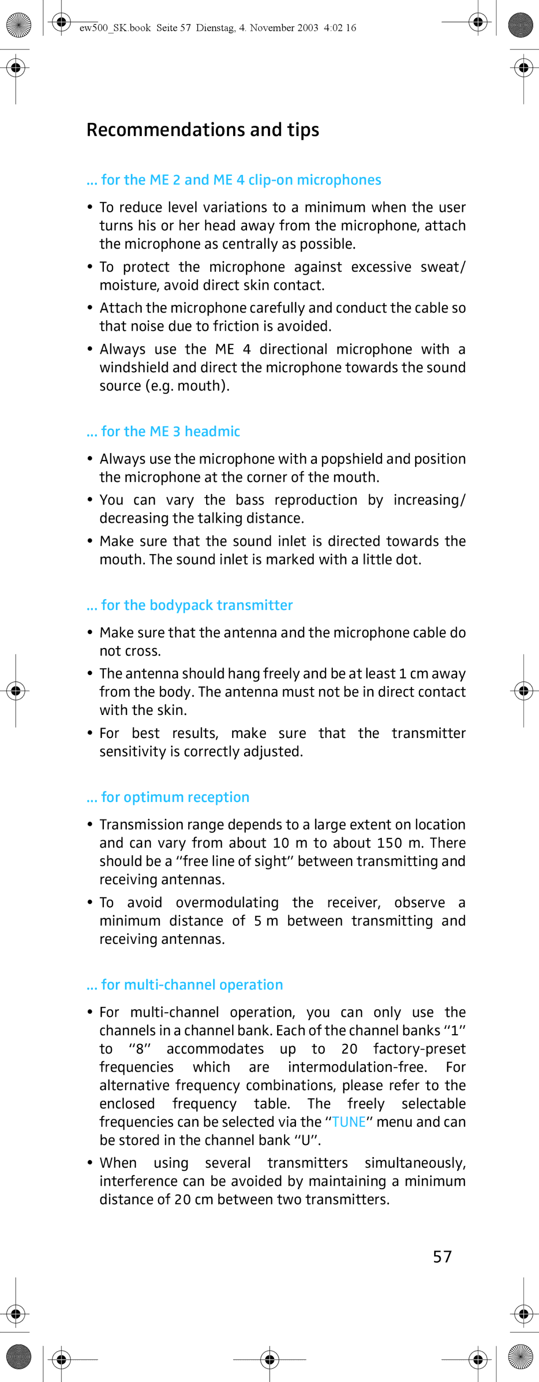 Sennheiser SK 500 G2 manual Recommendations and tips 