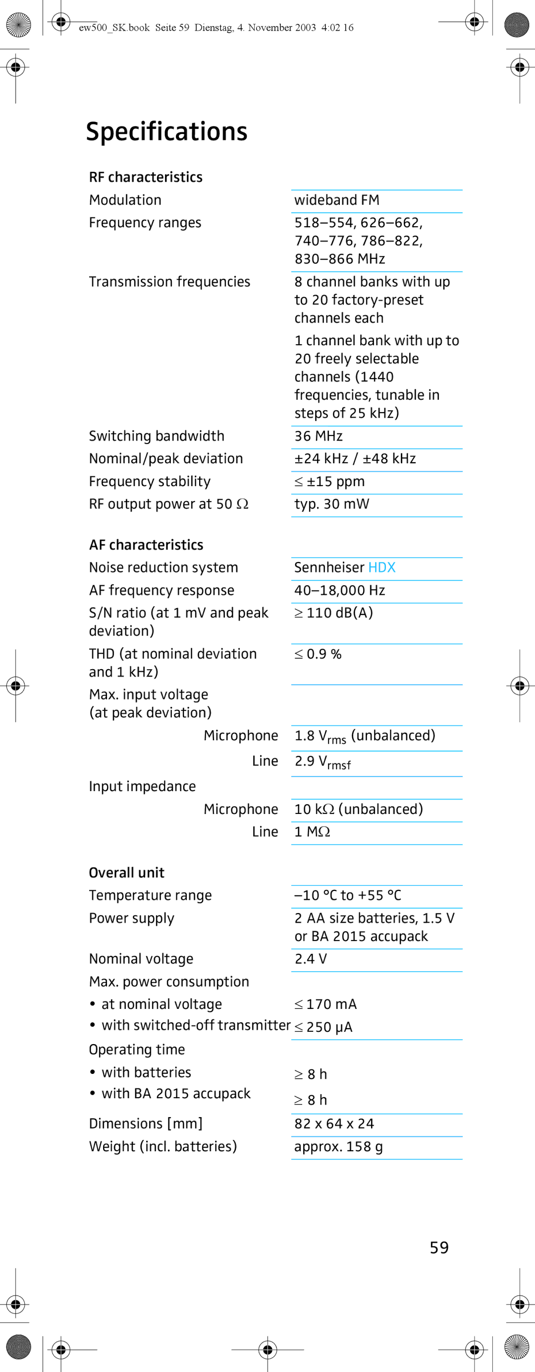 Sennheiser SK 500 G2 manual Specifications 