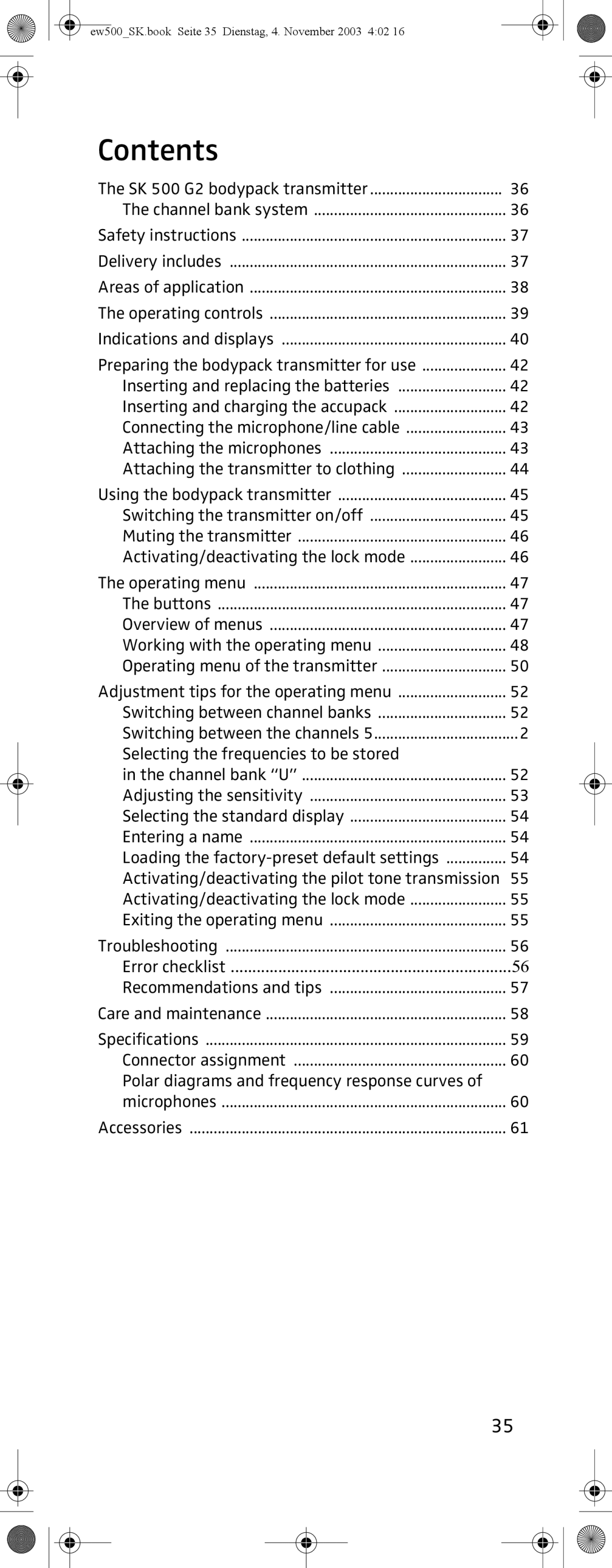 Sennheiser SK 500 G2 manual Contents 