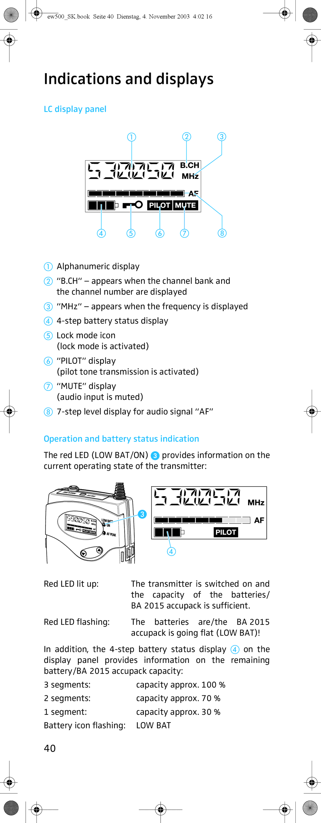 Sennheiser SK 500 G2 manual Indications and displays, LC display panel, Operation and battery status indication 