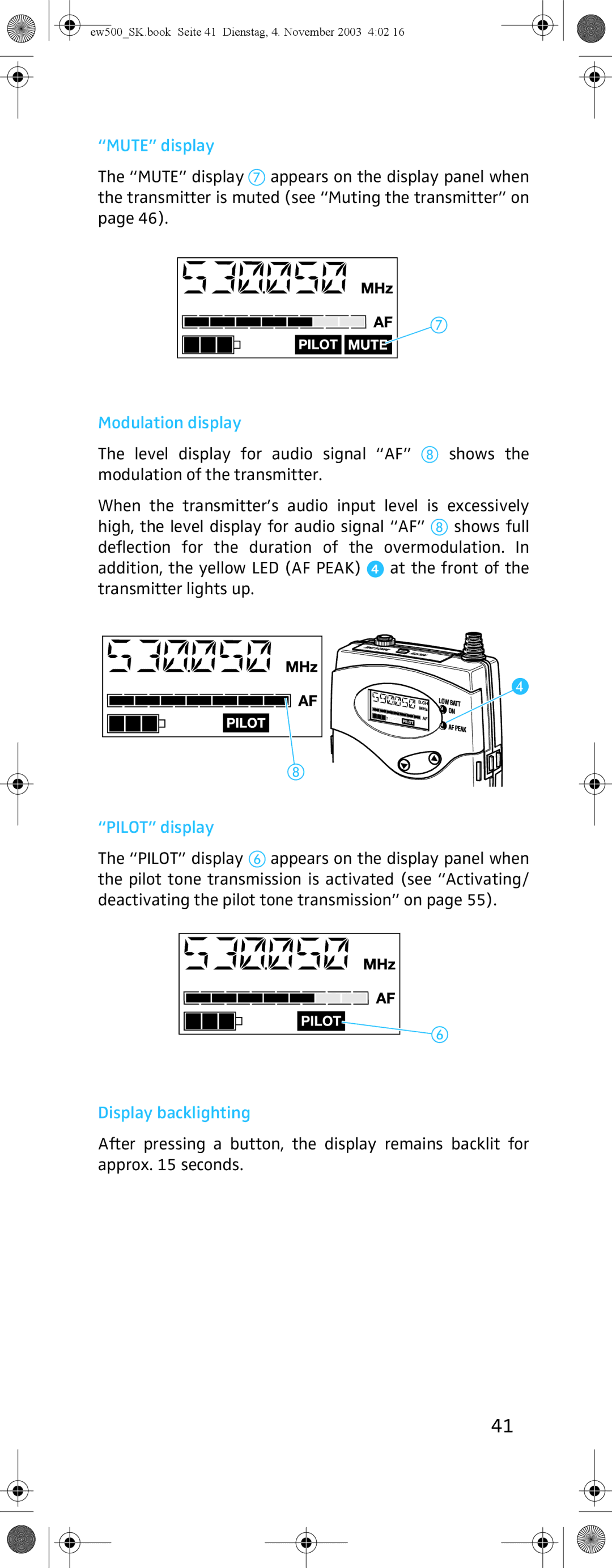 Sennheiser SK 500 G2 manual Mute display, Modulation display, Pilot display, Display backlighting 