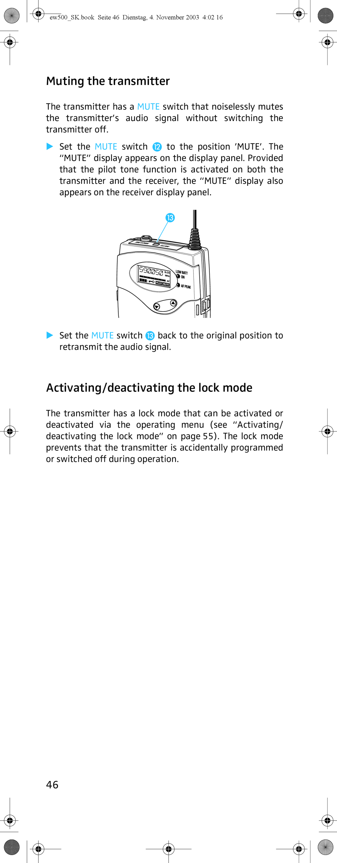 Sennheiser SK 500 G2 manual Muting the transmitter, Activating/deactivating the lock mode 