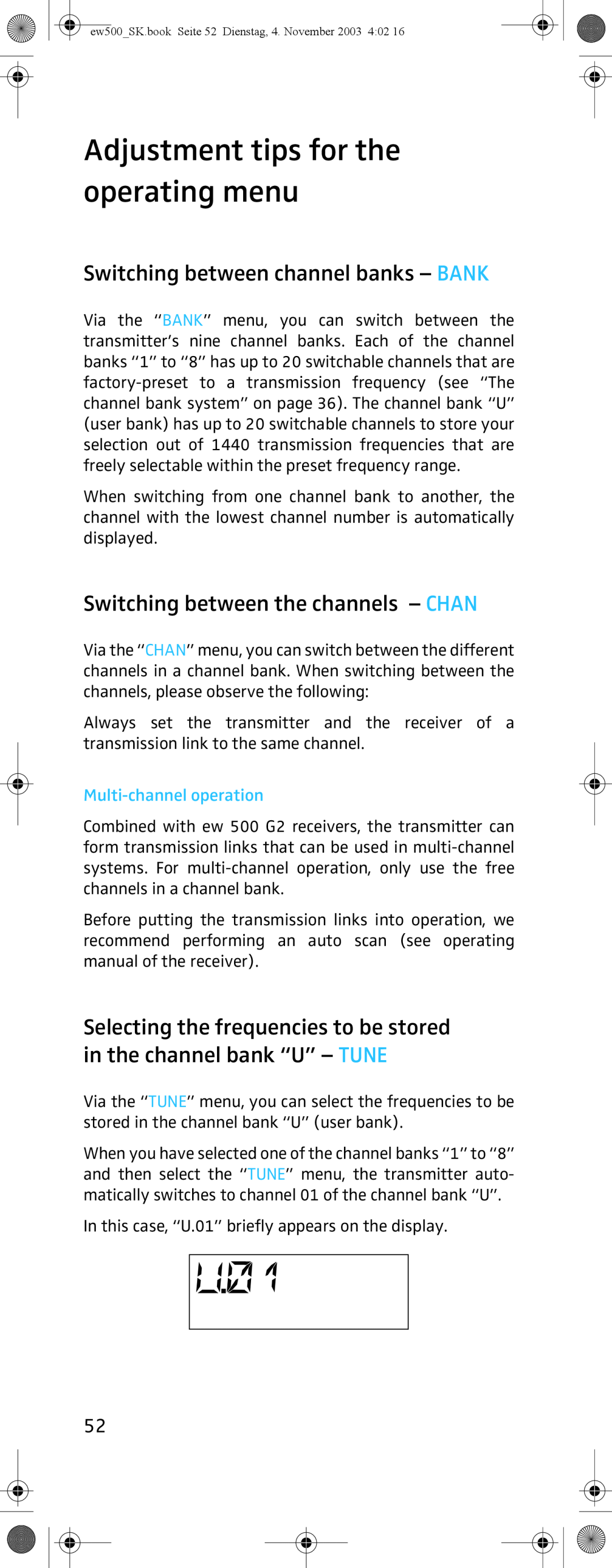 Sennheiser SK 500 G2 manual Adjustment tips for the operating menu, Switching between channel banks - BANK 