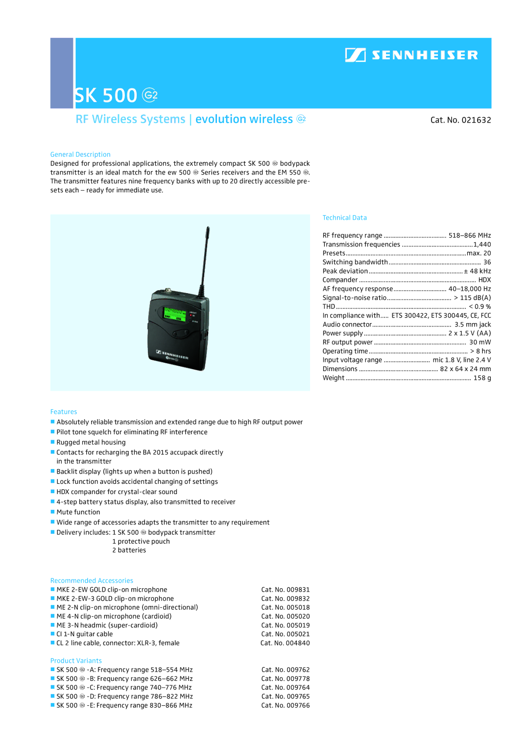 Sennheiser dimensions SK 500 g, RF Wireless Systems evolution wireless g, Cat. No, Hdx 