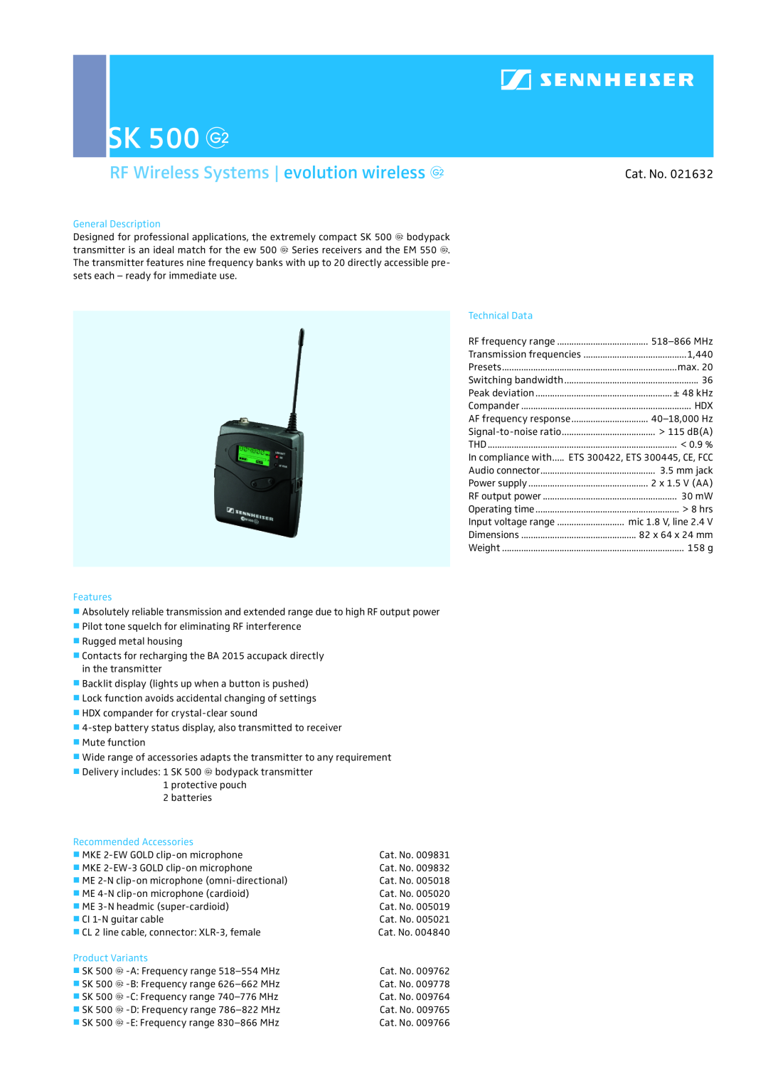 Sennheiser dimensions SK 500 g, RF Wireless Systems evolution wireless g, Cat. No, General Description, Technical Data 