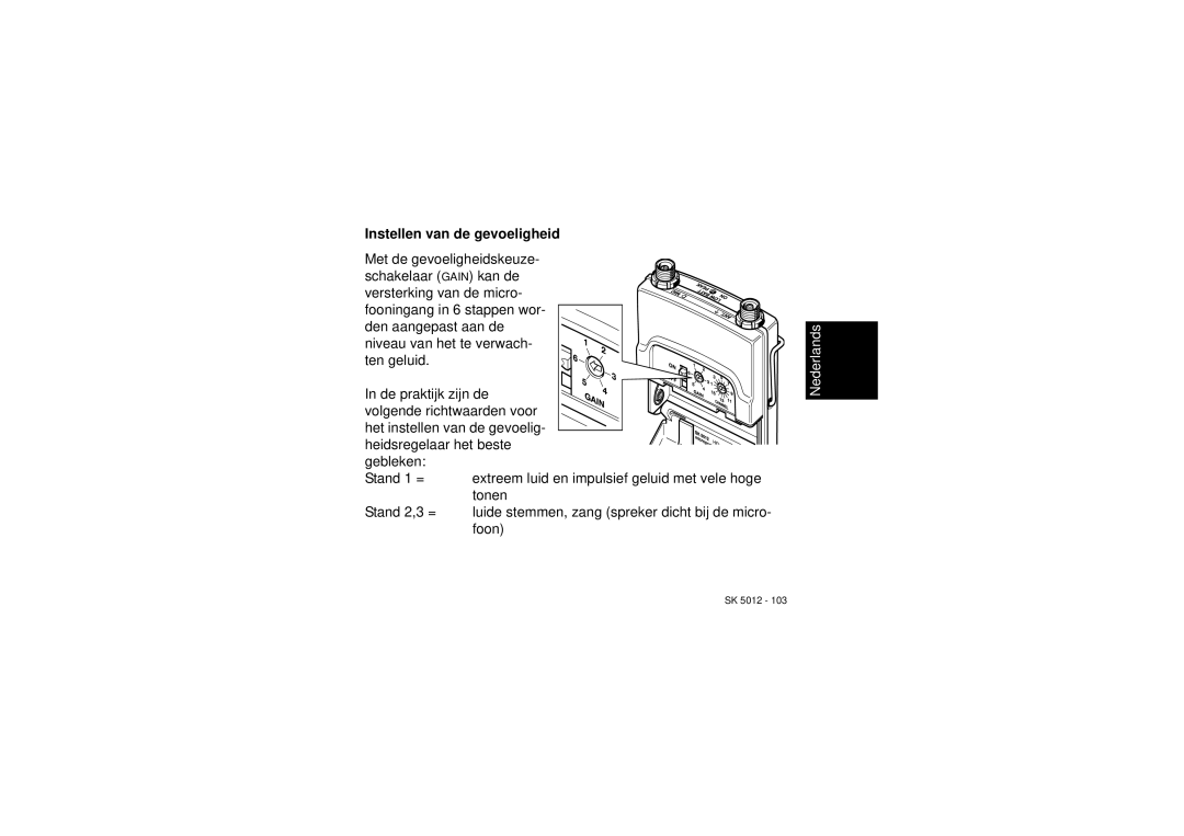 Sennheiser SK 5012 instruction manual Instellen van de gevoeligheid 