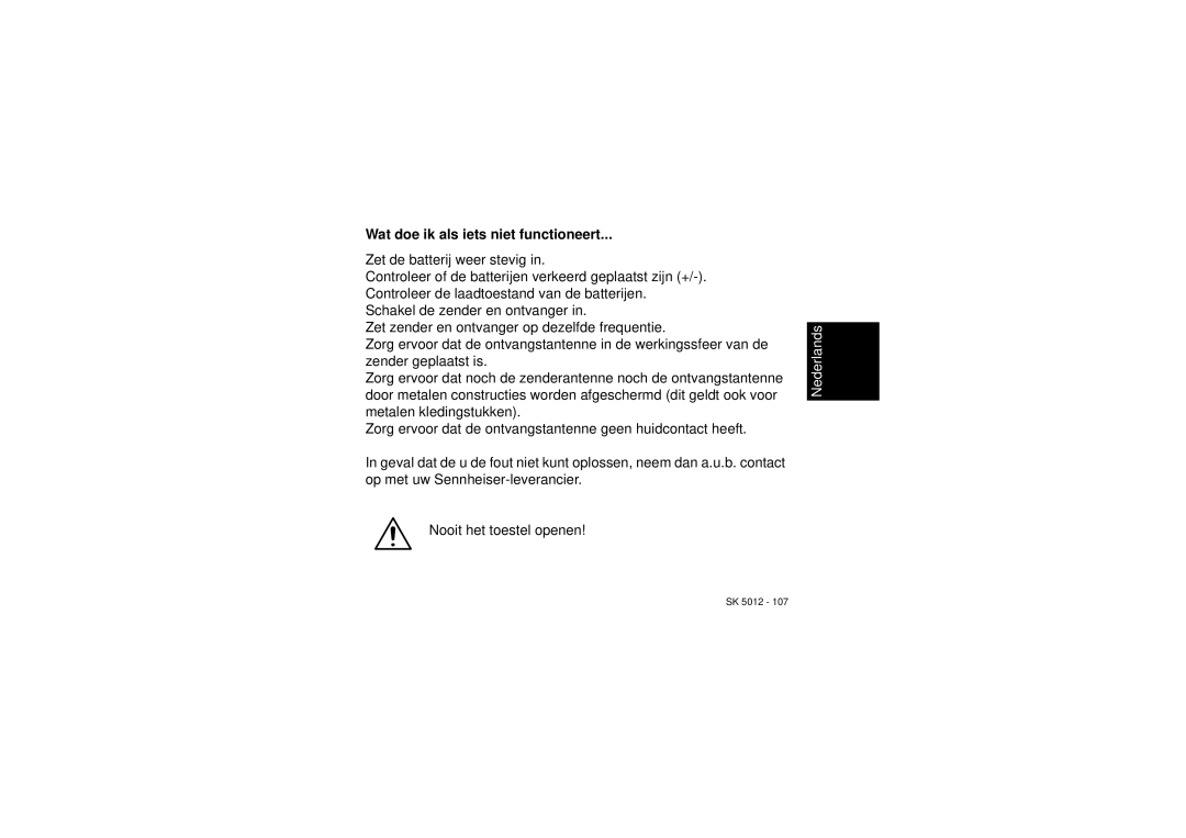 Sennheiser SK 5012 instruction manual Wat doe ik als iets niet functioneert 