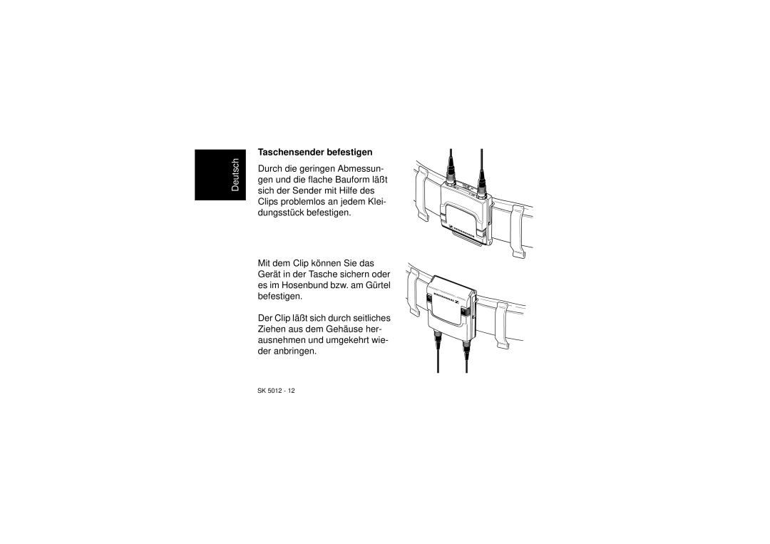 Sennheiser SK 5012 instruction manual Taschensender befestigen 