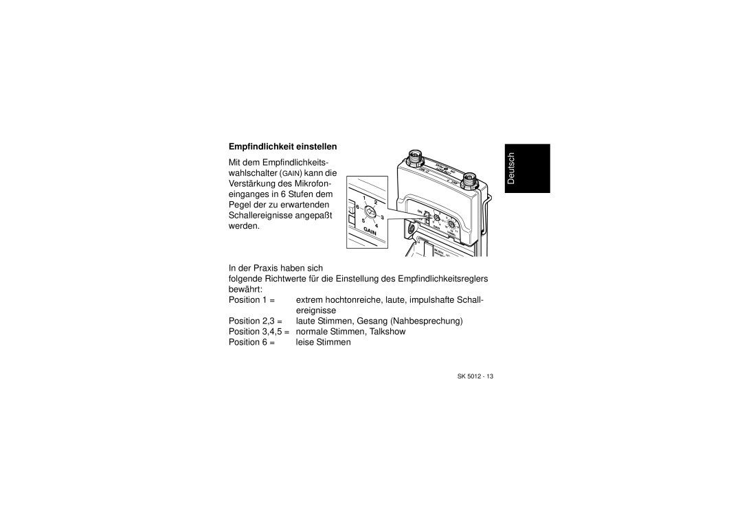 Sennheiser SK 5012 instruction manual Empfindlichkeit einstellen 