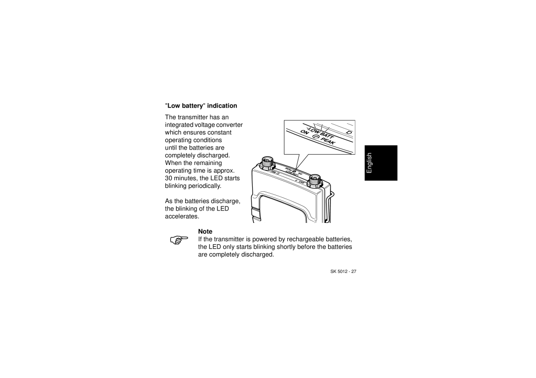 Sennheiser SK 5012 instruction manual Low battery indication 