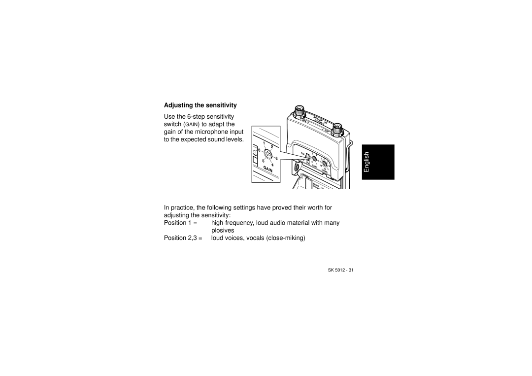 Sennheiser SK 5012 instruction manual Adjusting the sensitivity 