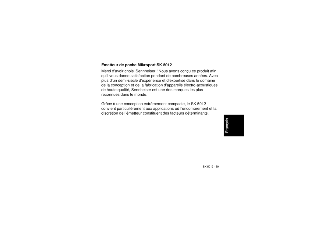 Sennheiser SK 5012 instruction manual Emetteur de poche Mikroport SK 