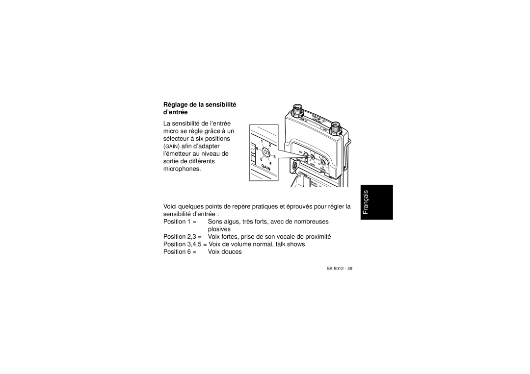 Sennheiser SK 5012 instruction manual Réglage de la sensibilité d’entrée 