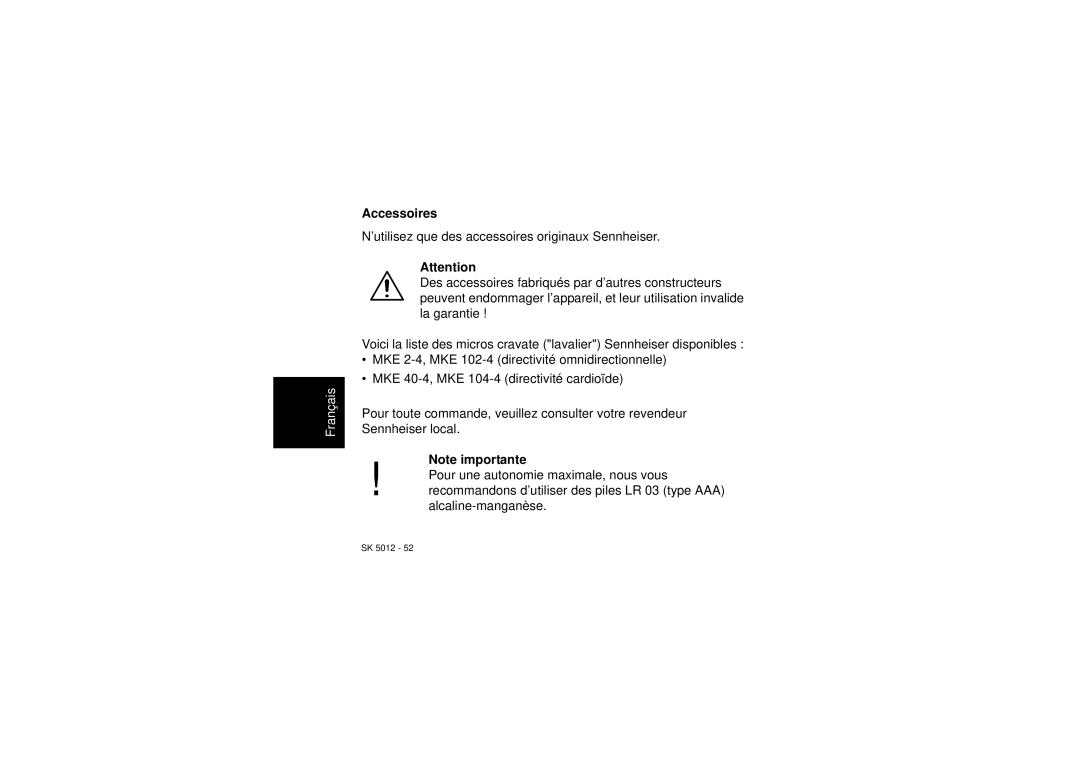 Sennheiser SK 5012 instruction manual Accessoires 