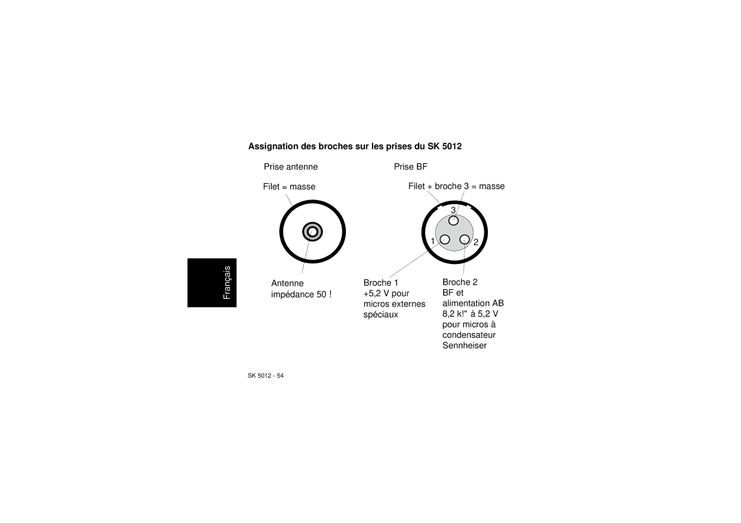 Sennheiser SK 5012 instruction manual Assignation des broches sur les prises du SK 