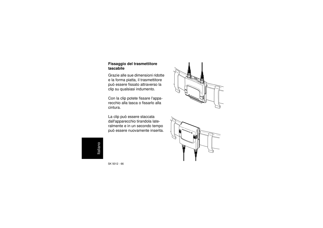 Sennheiser SK 5012 instruction manual Fissaggio del trasmettitore tascabile 