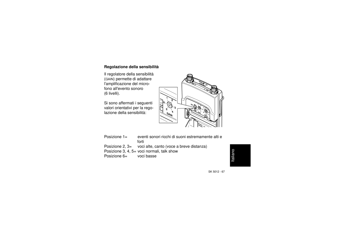 Sennheiser SK 5012 instruction manual Regolazione della sensibilità 