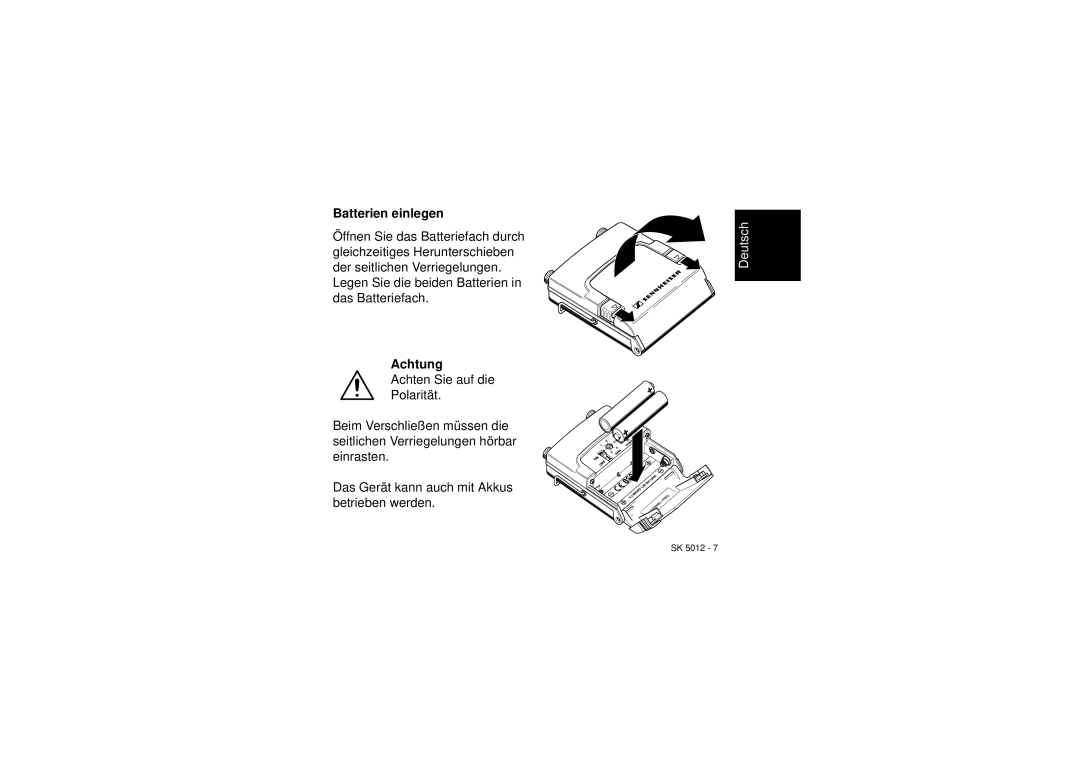 Sennheiser SK 5012 instruction manual Batterien einlegen, Achtung 