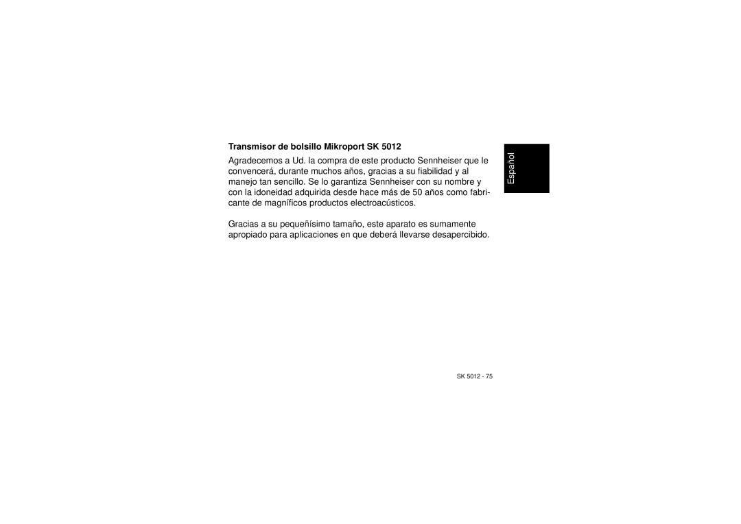 Sennheiser SK 5012 instruction manual Transmisor de bolsillo Mikroport SK 