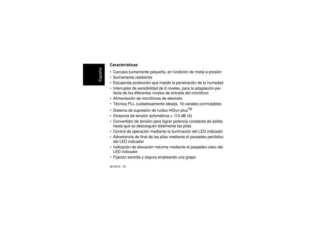 Sennheiser SK 5012 instruction manual Características 