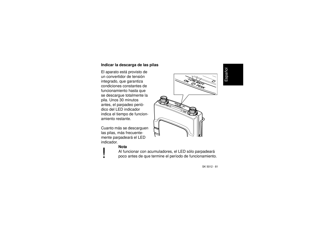 Sennheiser SK 5012 instruction manual Indicar la descarga de las pilas 