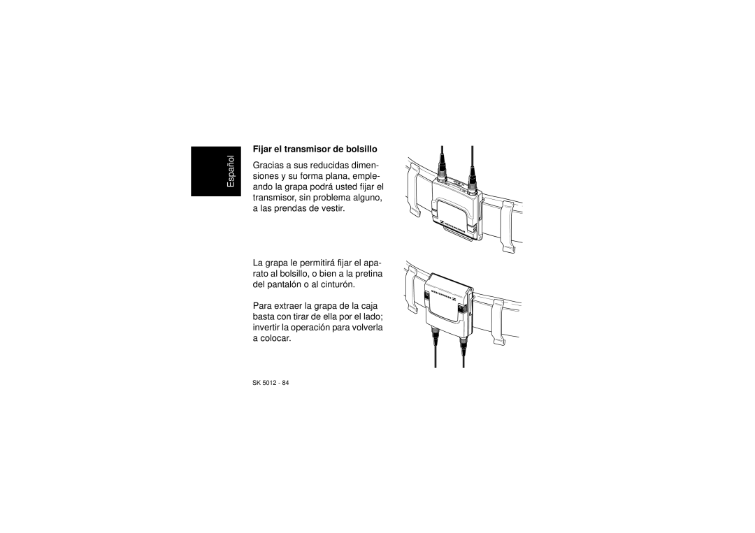 Sennheiser SK 5012 instruction manual Fijar el transmisor de bolsillo 