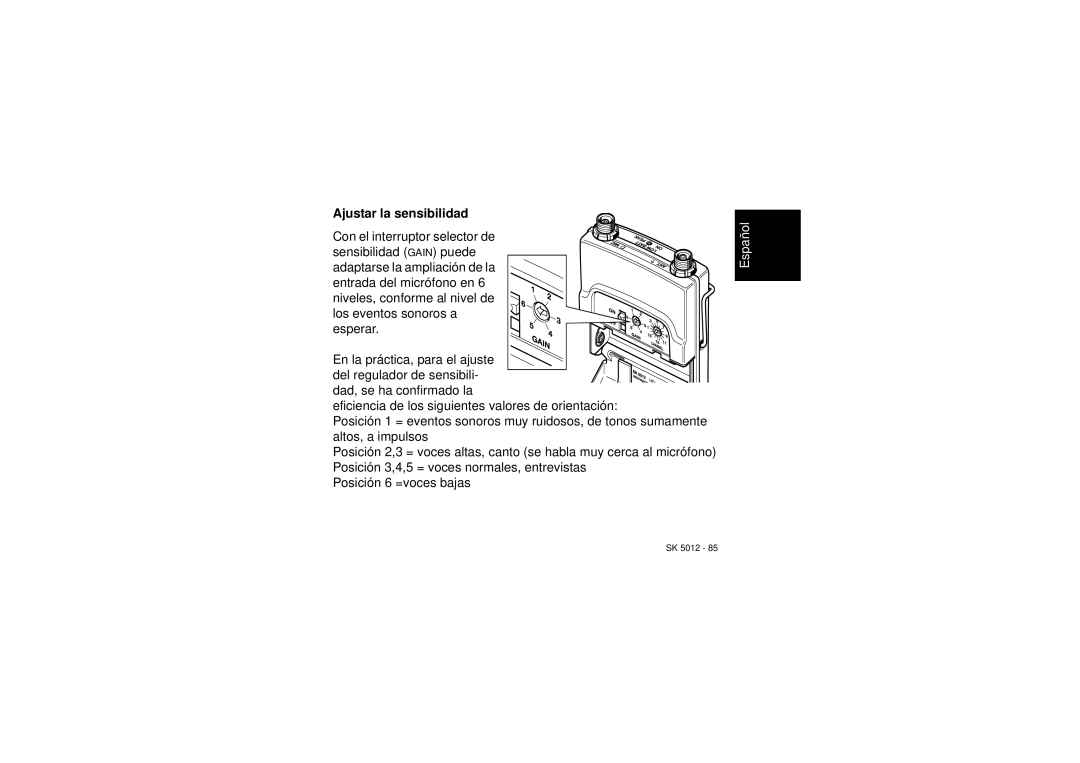 Sennheiser SK 5012 instruction manual Ajustar la sensibilidad 