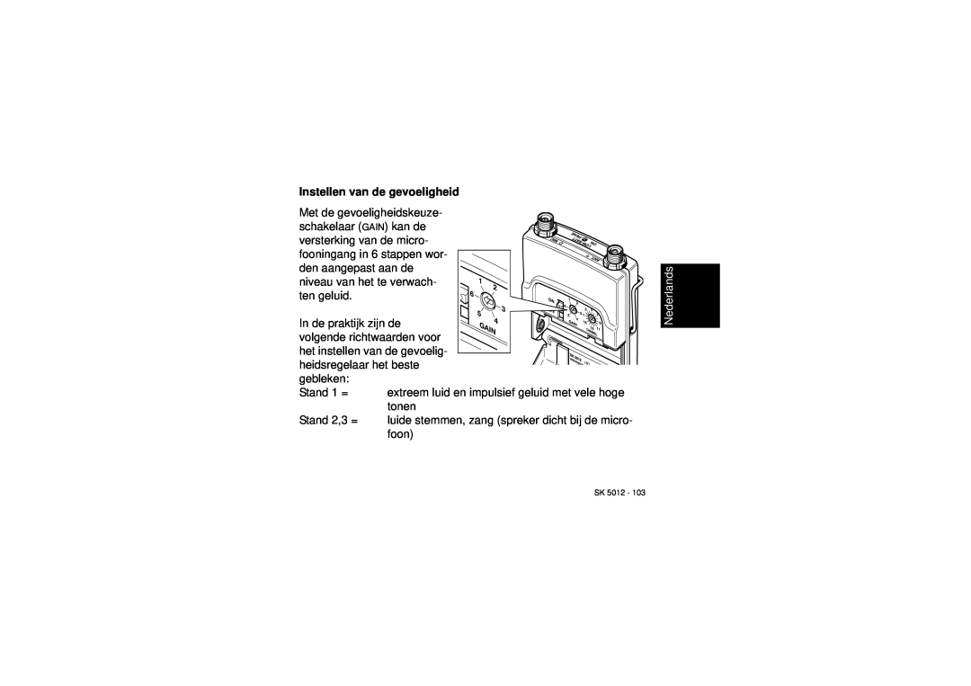 Sennheiser SK 5012 instruction manual Instellen van de gevoeligheid, Nederlands 