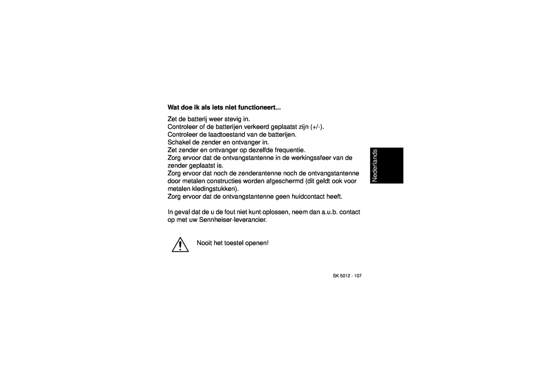 Sennheiser SK 5012 instruction manual Wat doe ik als iets niet functioneert, Nederlands 