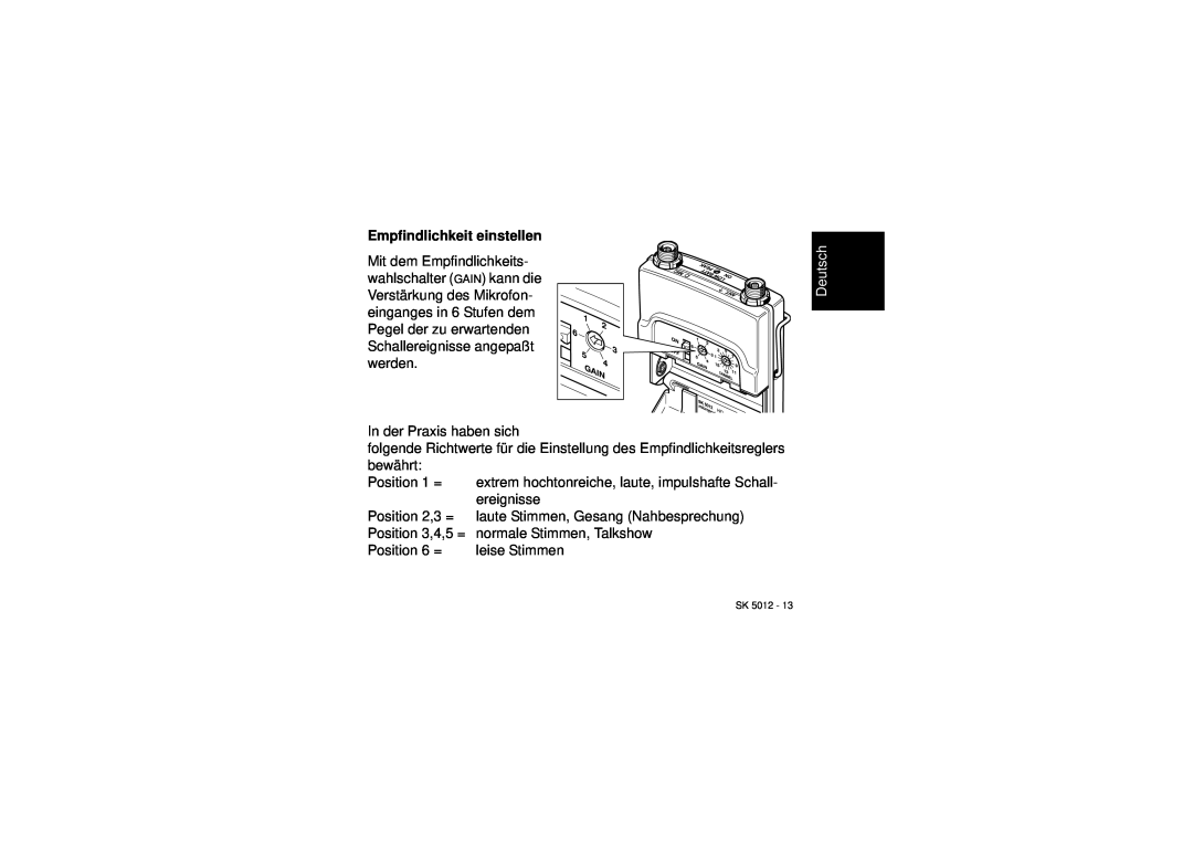 Sennheiser SK 5012 instruction manual Empfindlichkeit einstellen, Deutsch 