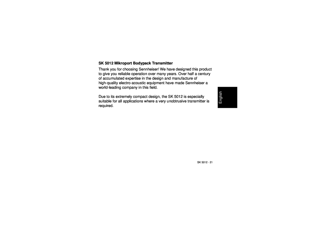 Sennheiser instruction manual SK 5012 Mikroport Bodypack Transmitter, English 