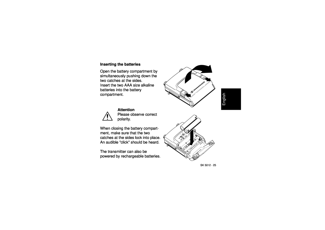 Sennheiser SK 5012 instruction manual Inserting the batteries, English 