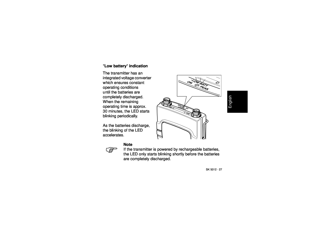Sennheiser SK 5012 instruction manual Low battery indication, English 