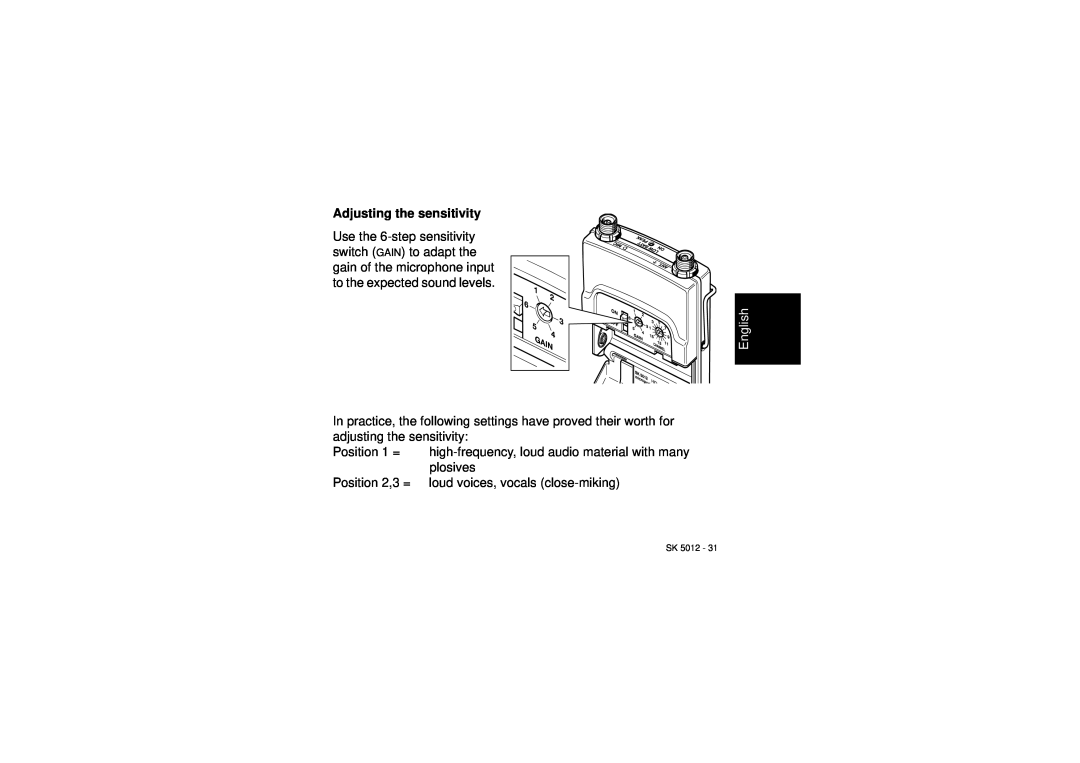 Sennheiser SK 5012 instruction manual Adjusting the sensitivity, English 