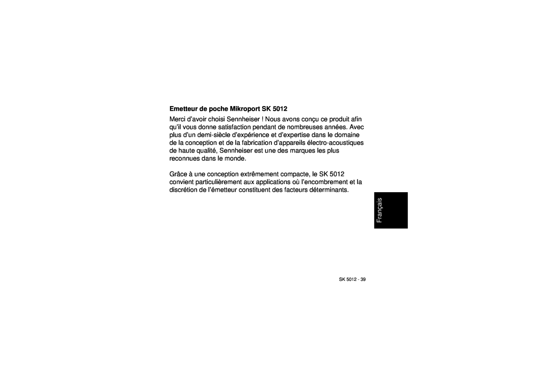 Sennheiser SK 5012 instruction manual Emetteur de poche Mikroport SK, Français 