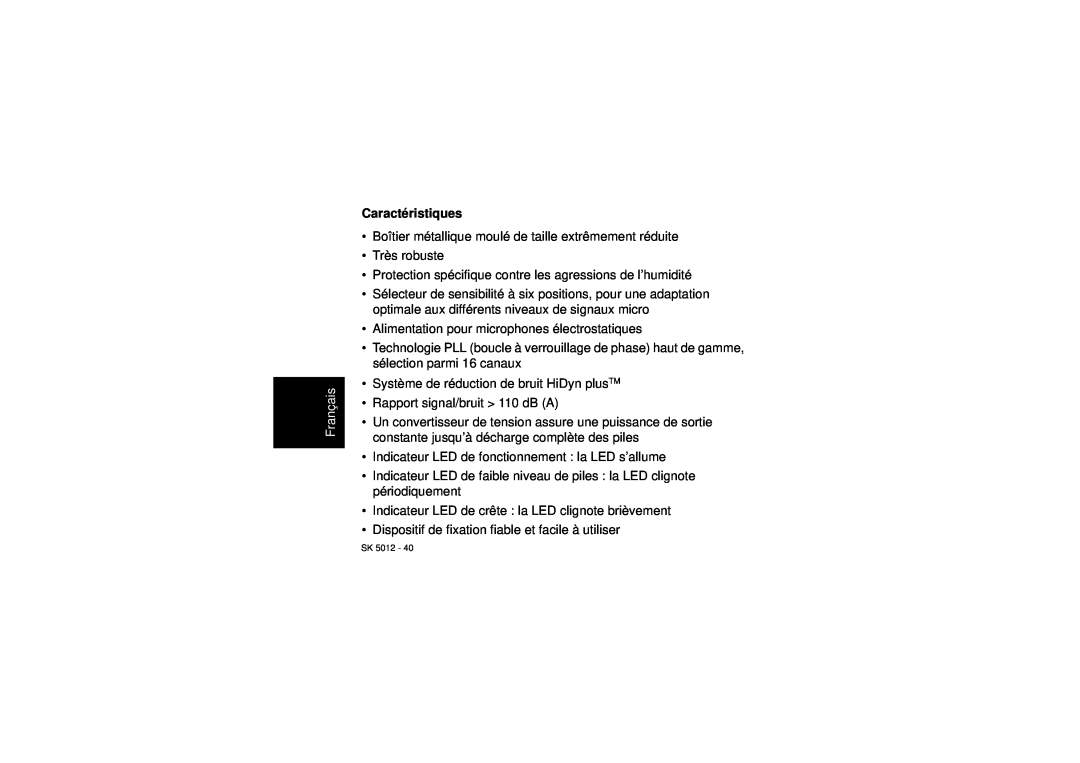 Sennheiser SK 5012 instruction manual Caractéristiques, Français 