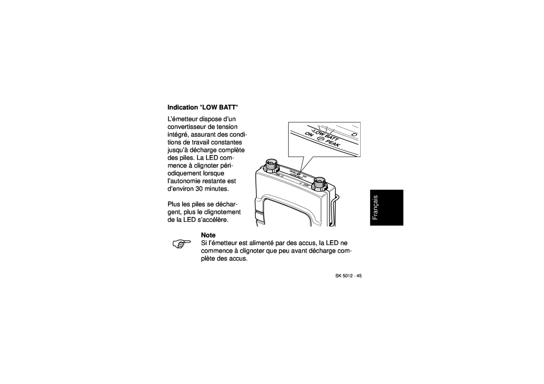 Sennheiser SK 5012 instruction manual Indication LOW BATT, Français 